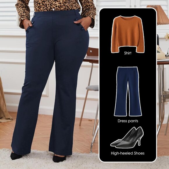Plus Size Wrinkle-Free Stretch Dress Pants Regular Fit Office Wear - Picture 2 of 6